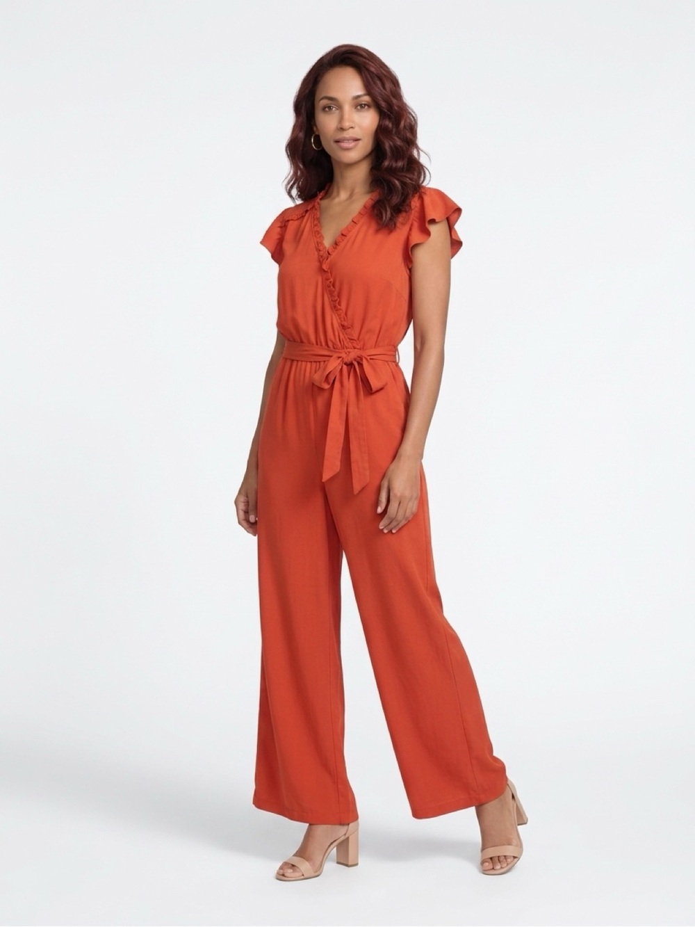 LOFT Burnt Orange Wrap Jumpsuit with Self Tie Waist